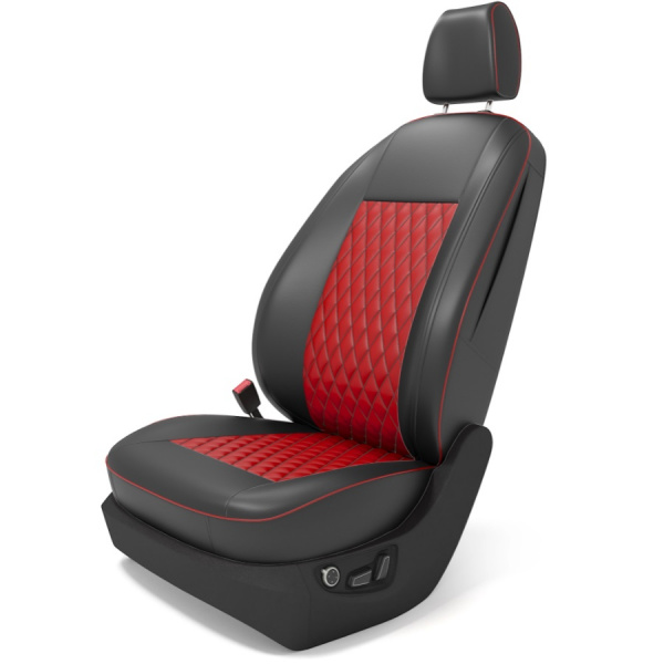 Чехлы на сиденья Chevrolet Aveo 2 (2011-2015) черная экокожа, красный ромб с кантом BM E09-E03-E01-15-1-L-116-17 - Фото 1