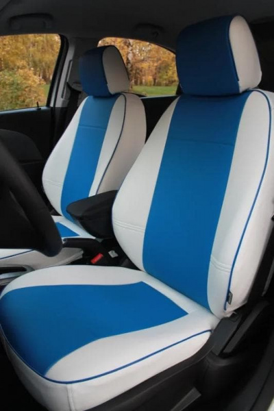 Чехлы для сидений Лада Приора I (2007-2018) (хэтчбек и универсал) синий и белый цвет экокожи BM E29-E32-E30-99-C-3-910-10 - Фото 5
