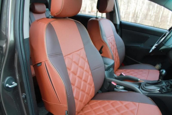 Чехлы на сиденья для Nissan X-Trail 2 (2007-2015) коричневая + шоколадная экокожа и двойной ромб BM E35-E36-E33-12-1-7-466-00 - Фото 4