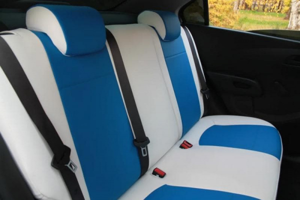 Чехлы на сиденья Toyota Land Cruiser Prado 150 Рест.2 (2017-нв) синий и белый цвет экокожи BM E29-E32-E30-99-C-0-622-50 - Фото 3