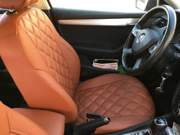 Чехлы на сиденья Hyundai i30 2 (2011-2017) коричневая экокожа и двойной ромб BM E35-E35-E33-44-E-1-258-10 - Фото 5