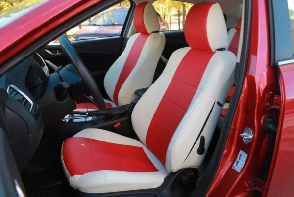 Чехлы для сидений Форд Фокус 3 (2011-2019) (Trend/SYNC Edition) красная и бежевая экокожа BM E07-E15-E13-99-E-1-188-51 - Фото 2
