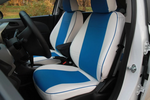 Чехол на сиденье Volkswagen Golf Plus 1/2 (2005-2014) синий и белый цвет экокожи BM E29-E32-E30-99-C-0-650-14 - Фото 1