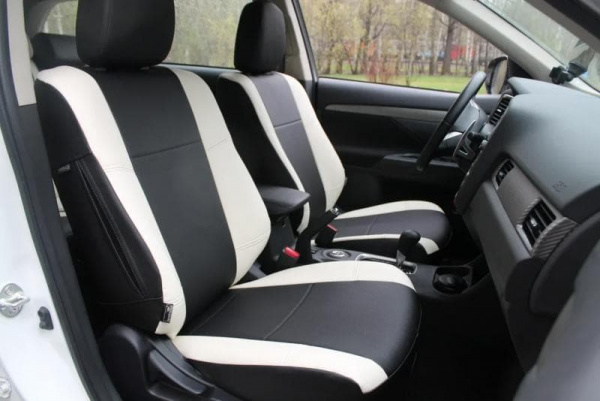 Чехлы для сидений Mitsubishi Colt VI (Z30) (2002-2012) черная экокожа с белыми бокамиВсе BM P03-E32-E01-99-1-1-406-10 - Фото 3