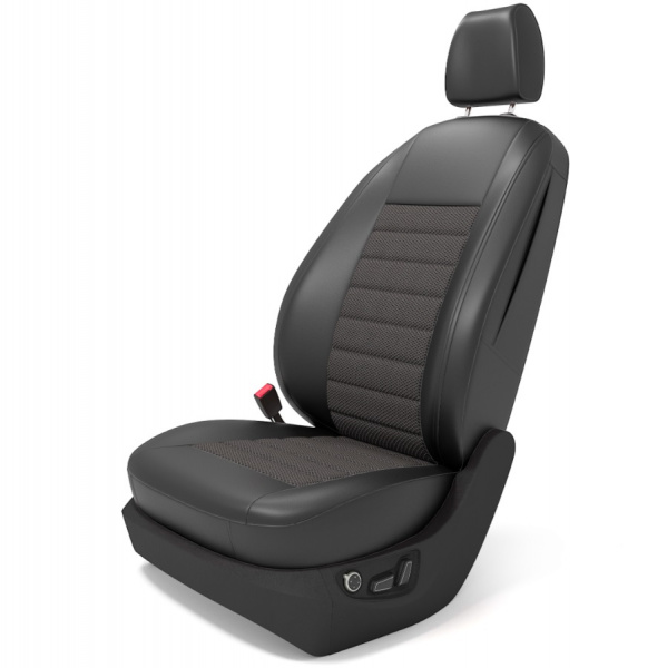 Чехлы на сиденья Mazda 5 (CR) (2005-2010) (3 ряда сидений ) черная экокожа и темно серый жаккард в центре BM T06-E03-E01-13-1-0-380-11 - Фото 1