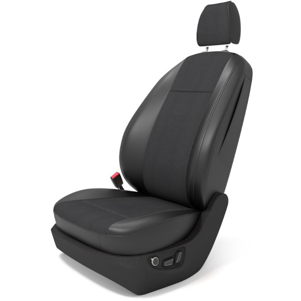 Чехлы на сиденья Nissan Tiida (2004-2015) (Седан) черная экокожа и темно серый жаккард BM J36-E03-E01-99-1-1-460-10 - Фото 1