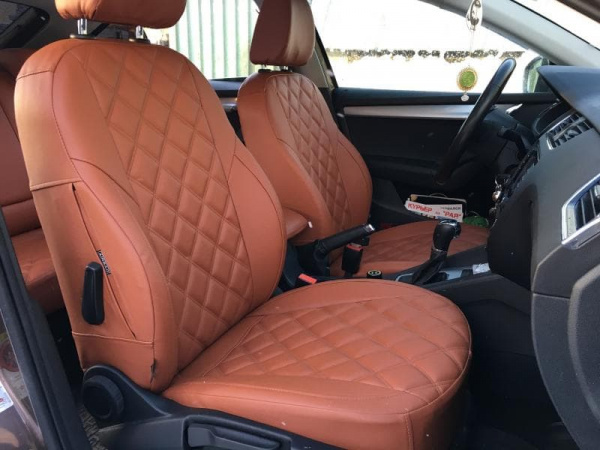 Чехлы для сидений Kia Rio 3 (2011-2017) (Седан) коричневая экокожа и двойной ромб BM E35-E35-E33-44-E-0-340-51 - Фото 2