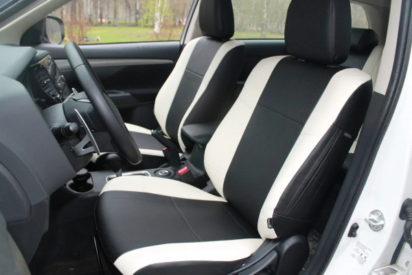 Чехлы на сиденья Toyota Fielder (Королла) черная экокожа с белыми боками BM P03-E32-E01-99-1-0-618-10X - Фото 1