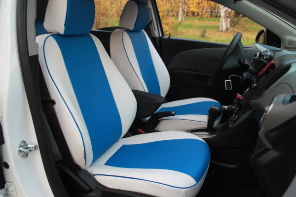 Чехол на сиденье Volkswagen Golf Plus 1/2 (2005-2014) синий и белый цвет экокожи BM E29-E32-E30-99-C-0-650-14 - Фото 3