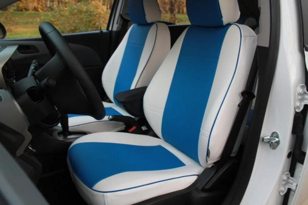 Чехлы на сиденья Mazda 3 (BM) (2013-2018) (седан) синий и белый цвет экокожи BM E29-E32-E30-99-C-0-376-10 - Фото 2