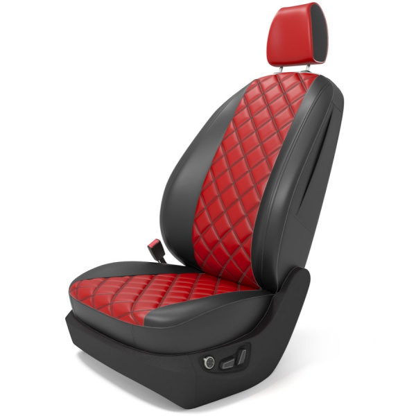 Чехлы на сиденья Nissan Tiida (2004-2015) (Седан) черная экокожа с красным ромбом BM E09-E03-E01-44-1-1-460-10 - Фото 1
