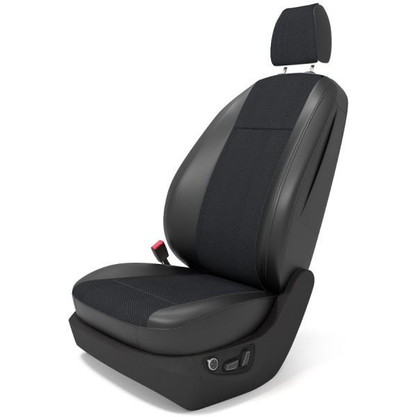 Чехлы на сиденья для Mitsubishi Pajero Sport III (2015-н. в.) черная экокожа и темно серый жаккард BM T04-E03-E01-99-1-0-999-21 - Фото 1