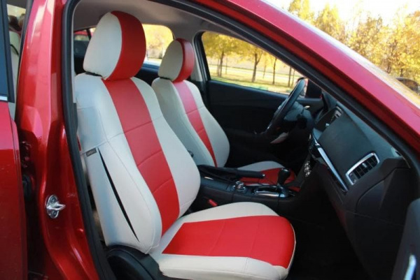 Чехлы на сиденья для Nissan Almera 3 (G15) (2012-2018) красная и бежевая экокожа BM E07-E15-E13-99-E-1-434-10 - Фото 5