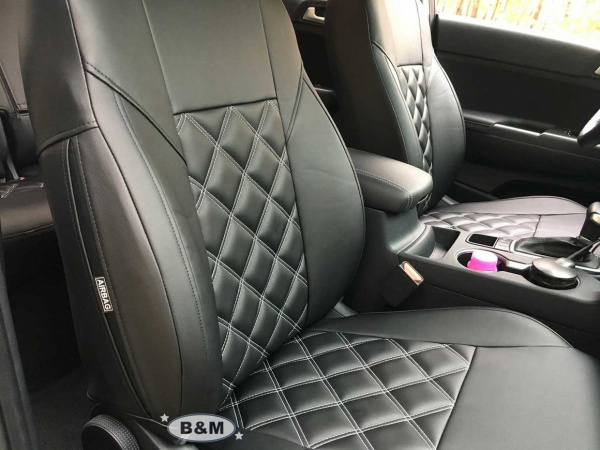 Чехлы для сидений Nissan X-Trail 3 Рестайл (2017-нв) чёрная экокожа Double Romb E03-E03-E01-12-470-13 - Фото 6