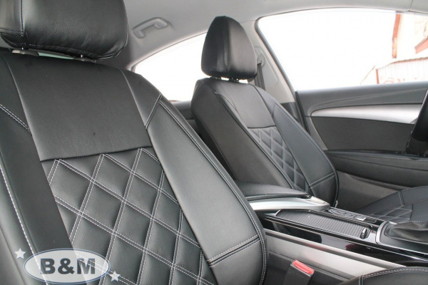 Чехлы на сиденья Mitsubishi ASX I (2010-2013) чёрная перфорированная экокожа + ромб Double Romb P03-E03-E01-12-402-10 - Фото 3