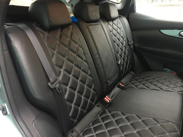 Чехлы на сиденья для Nissan Qashqai 2 (2013-нв) чёрная перфорированная экокожа Classic P03-E03-E01-99-444-15 - Фото 14