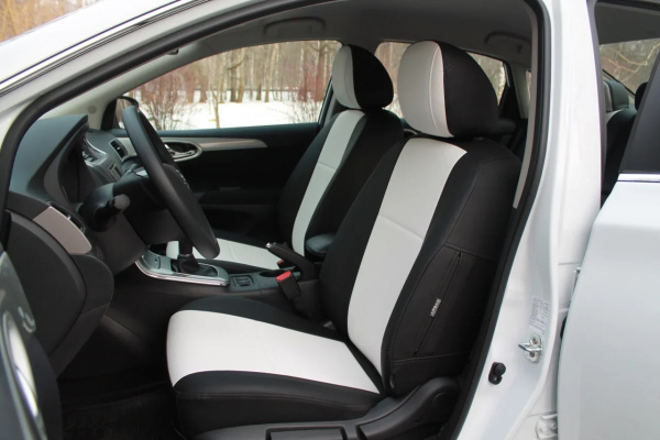 Чехлы на сиденья Toyota AXIO (Королла) белая экокожа и черный бок BM E32-E03-E01-99-1-0-618-10Y - Фото 1