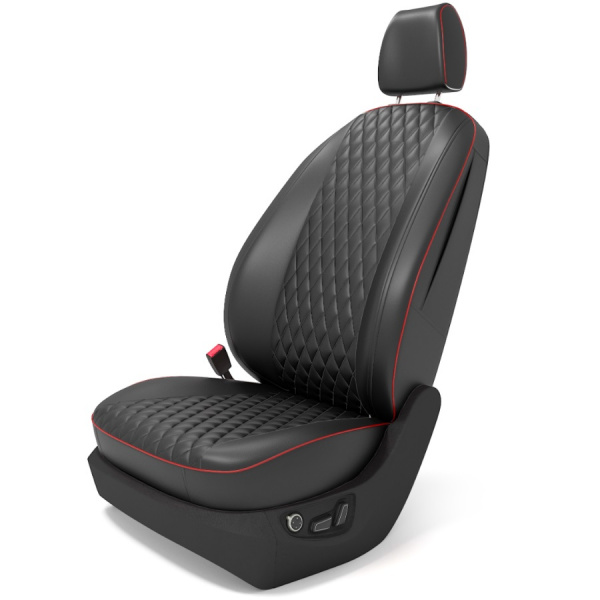 Чехлы на сиденья Nissan Pathfinder 5 (2022-н.в) черная экокожа малый ромб с красным кантом BM E03-E03-E01-45-1-6-999-13 - Фото 1