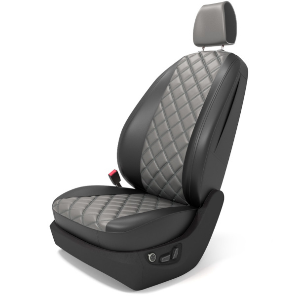 Чехлы на сиденья Renault Logan 2 (2012-2018) (Access/Confort) черная экокожа и центр серый двойной ромб BM E26-E03-E01-44-K-0-534-32 - Фото 1